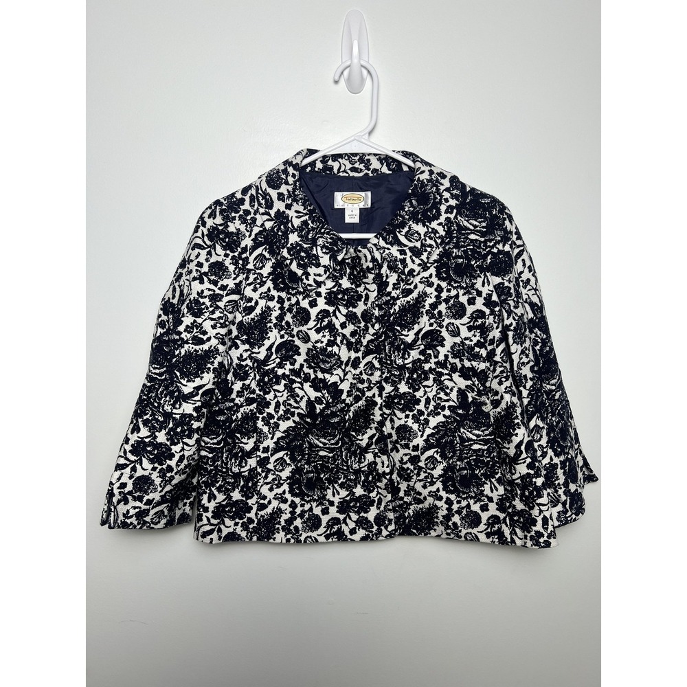 Vtg Talbots Jacket Wm 6P Short Blue Floral Textured Button Front Lined
